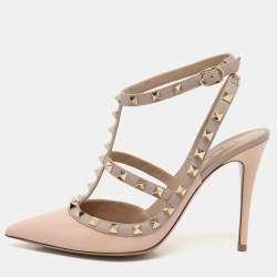 Pre Owned Valentino Beige Leather Rockstud Ankle Strap Pumps Size 38