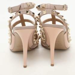 Pre Owned Valentino Beige Leather Rockstud Ankle Strap Pumps Size 38