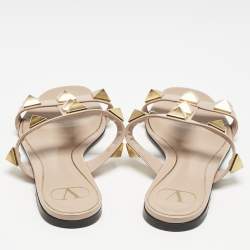Valentino Beige Leather Roman Stud Slide Flats Size 37