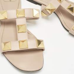 Valentino Beige Leather Roman Stud Slide Flats Size 37