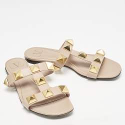 Valentino Beige Leather Roman Stud Slide Flats Size 37