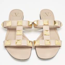 Valentino Beige Leather Roman Stud Slide Flats Size 37