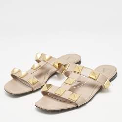 Valentino Beige Leather Roman Stud Slide Flats Size 37