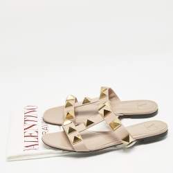 Valentino Beige Leather Roman Stud Slide Flats Size 37