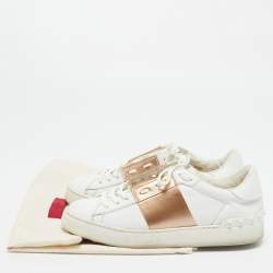 Valentino White/Gold Leather Rockstud Low Top Sneakers Size 38.5