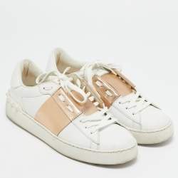 Valentino White/Gold Leather Rockstud Low Top Sneakers Size 38.5
