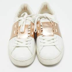 Valentino White/Gold Leather Rockstud Low Top Sneakers Size 38.5