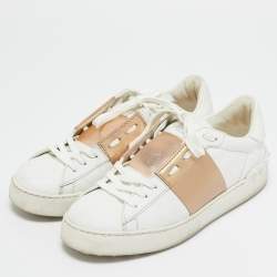 Valentino White/Gold Leather Rockstud Low Top Sneakers Size 38.5