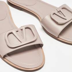 Pre Owned Valentino Dusty Pink Leather Vlogo Flat Slide Sandals Size 38.5