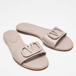 Pre Owned Valentino Dusty Pink Leather Vlogo Flat Slide Sandals Size 38.5
