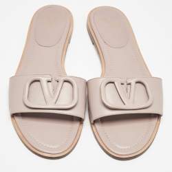 Pre Owned Valentino Dusty Pink Leather Vlogo Flat Slide Sandals Size 38.5