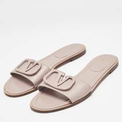 Pre Owned Valentino Dusty Pink Leather Vlogo Flat Slide Sandals Size 38.5