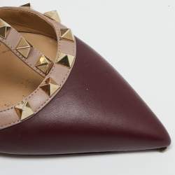 Pre Owned Valentino Burgundy/Beige Leather Rockstud Ankle Strap Pumps Size 38