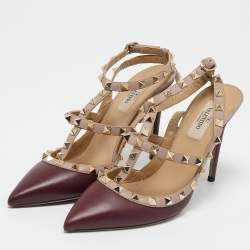 Pre Owned Valentino Burgundy/Beige Leather Rockstud Ankle Strap Pumps Size 38