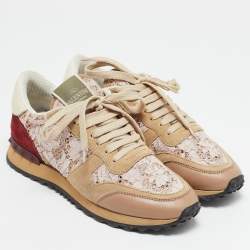 Valentino Pink/Beige Leather and Suede Camouflage Rockrunner Low Top Sneakers Size 37