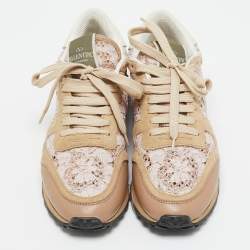 Valentino Pink/Beige Leather and Suede Camouflage Rockrunner Low Top Sneakers Size 37