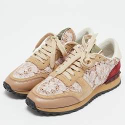 Valentino Pink/Beige Leather and Suede Camouflage Rockrunner Low Top Sneakers Size 37