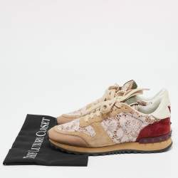 Valentino Pink/Beige Leather and Suede Camouflage Rockrunner Low Top Sneakers Size 37