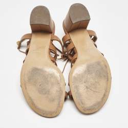 Pre Owned Valentino Brown Leather Rockstud Block Heel Gladiator Ankle Strap Sandals Size 37.5