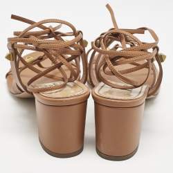 Pre Owned Valentino Brown Leather Rockstud Block Heel Gladiator Ankle Strap Sandals Size 37.5