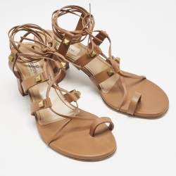 Pre Owned Valentino Brown Leather Rockstud Block Heel Gladiator Ankle Strap Sandals Size 37.5