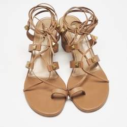 Pre Owned Valentino Brown Leather Rockstud Block Heel Gladiator Ankle Strap Sandals Size 37.5