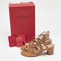 Pre Owned Valentino Brown Leather Rockstud Block Heel Gladiator Ankle Strap Sandals Size 37.5