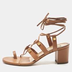 Valentino Brown Leather Rockstud Block Heel Gladiator Ankle Strap Sandals Size 37.5