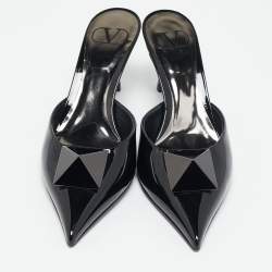 Valentino Black Patent Leather Pointed Toe One Stud Mules Size 36.5