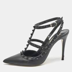 Pre Owned Valentino Black Leather Rockstud Ankle Strap Pumps Size 39.5