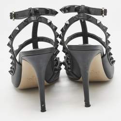 Pre Owned Valentino Black Leather Rockstud Ankle Strap Pumps Size 39.5