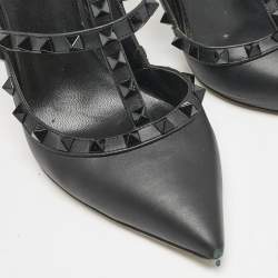 Pre Owned Valentino Black Leather Rockstud Ankle Strap Pumps Size 39.5