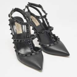 Pre Owned Valentino Black Leather Rockstud Ankle Strap Pumps Size 39.5