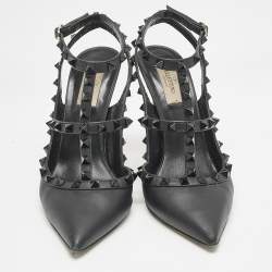 Pre Owned Valentino Black Leather Rockstud Ankle Strap Pumps Size 39.5