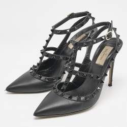 Pre Owned Valentino Black Leather Rockstud Ankle Strap Pumps Size 39.5