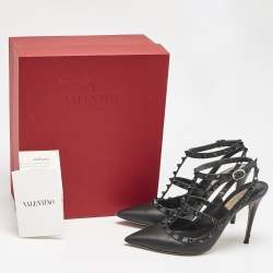Pre Owned Valentino Black Leather Rockstud Ankle Strap Pumps Size 39.5