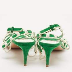 Pre Owned Valentino Green/White Suede And Leather Rockstud Strappy Sandals Size 39