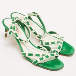 Pre Owned Valentino Green/White Suede And Leather Rockstud Strappy Sandals Size 39