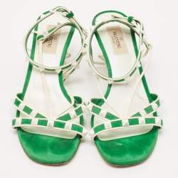 Pre Owned Valentino Green/White Suede And Leather Rockstud Strappy Sandals Size 39