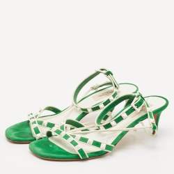 Pre Owned Valentino Green/White Suede And Leather Rockstud Strappy Sandals Size 39