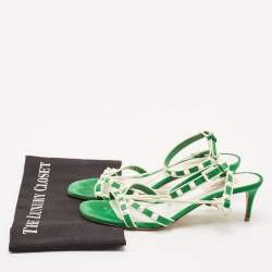 Pre Owned Valentino Green/White Suede And Leather Rockstud Strappy Sandals Size 39