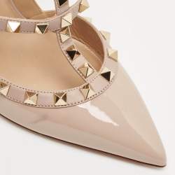 Pre Owned Valentino Beige Leather Rockstud Ankle Strap Pumps Size 38.5