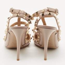 Pre Owned Valentino Beige Leather Rockstud Ankle Strap Pumps Size 38.5
