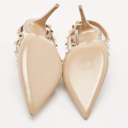 Pre Owned Valentino Beige Leather Rockstud Ankle Strap Pumps Size 38.5