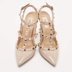 Pre Owned Valentino Beige Leather Rockstud Ankle Strap Pumps Size 38.5