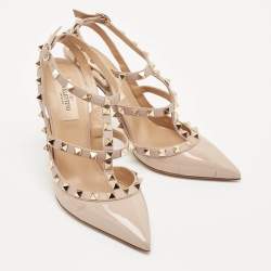 Pre Owned Valentino Beige Leather Rockstud Ankle Strap Pumps Size 38.5