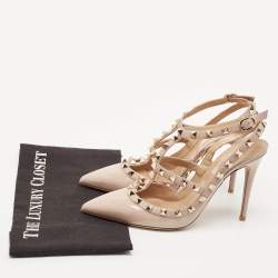 Pre Owned Valentino Beige Leather Rockstud Ankle Strap Pumps Size 38.5