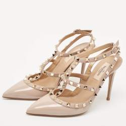 Pre Owned Valentino Beige Leather Rockstud Ankle Strap Pumps Size 38.5