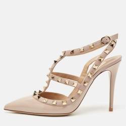 Pre Owned Valentino Beige Leather Rockstud Ankle Strap Pumps Size 38.5