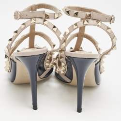 Valentino Navy Blue/Beige Leather and Patent Rockstud Caged Pumps Size 38.5